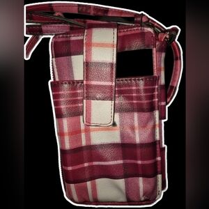 Plaid Cell Phone Crossbody Bag - Red and Pink